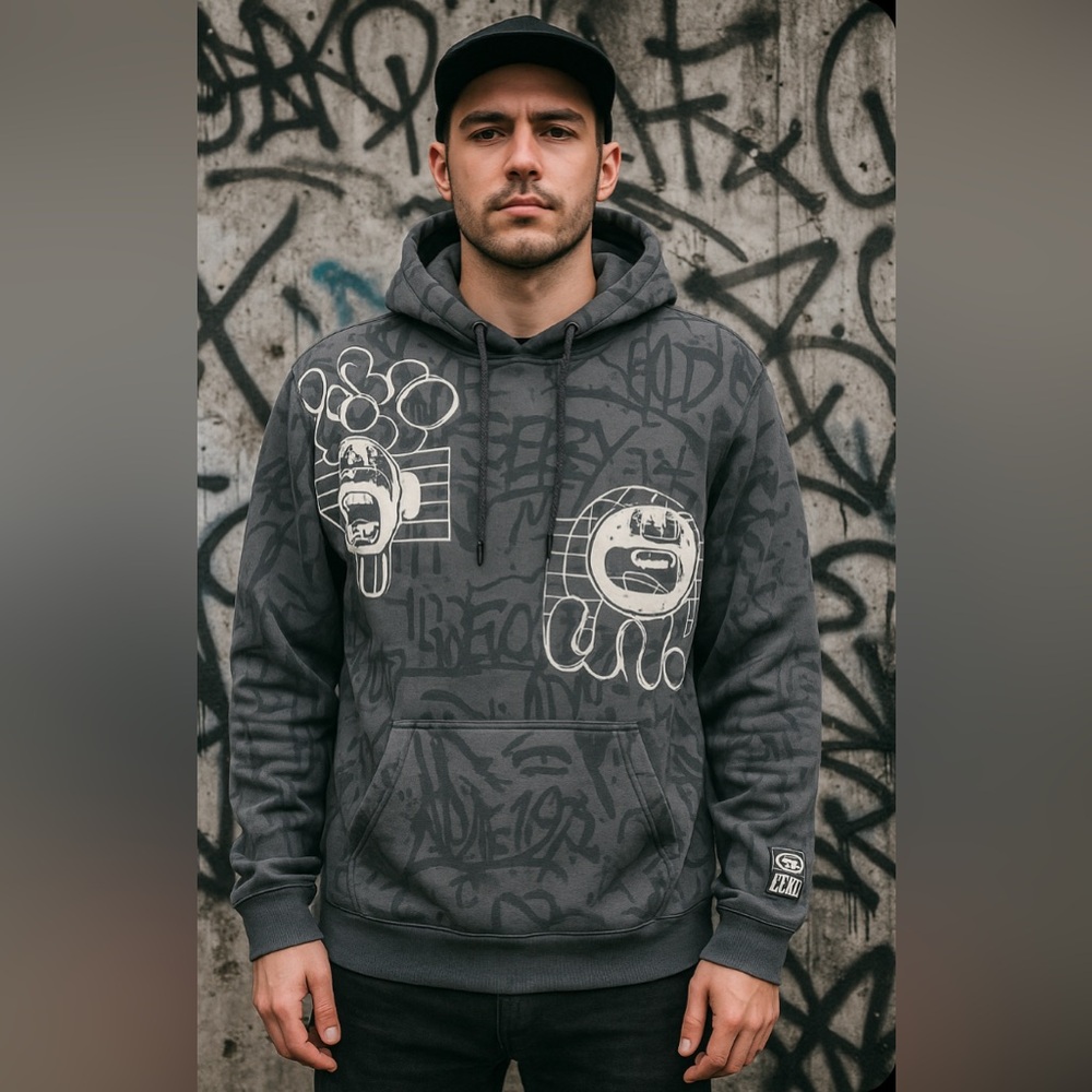 Ecko Unltd Hoodie Mens Large Gray Globe Graphic Graffiti Streetwear‎ Y2K Style